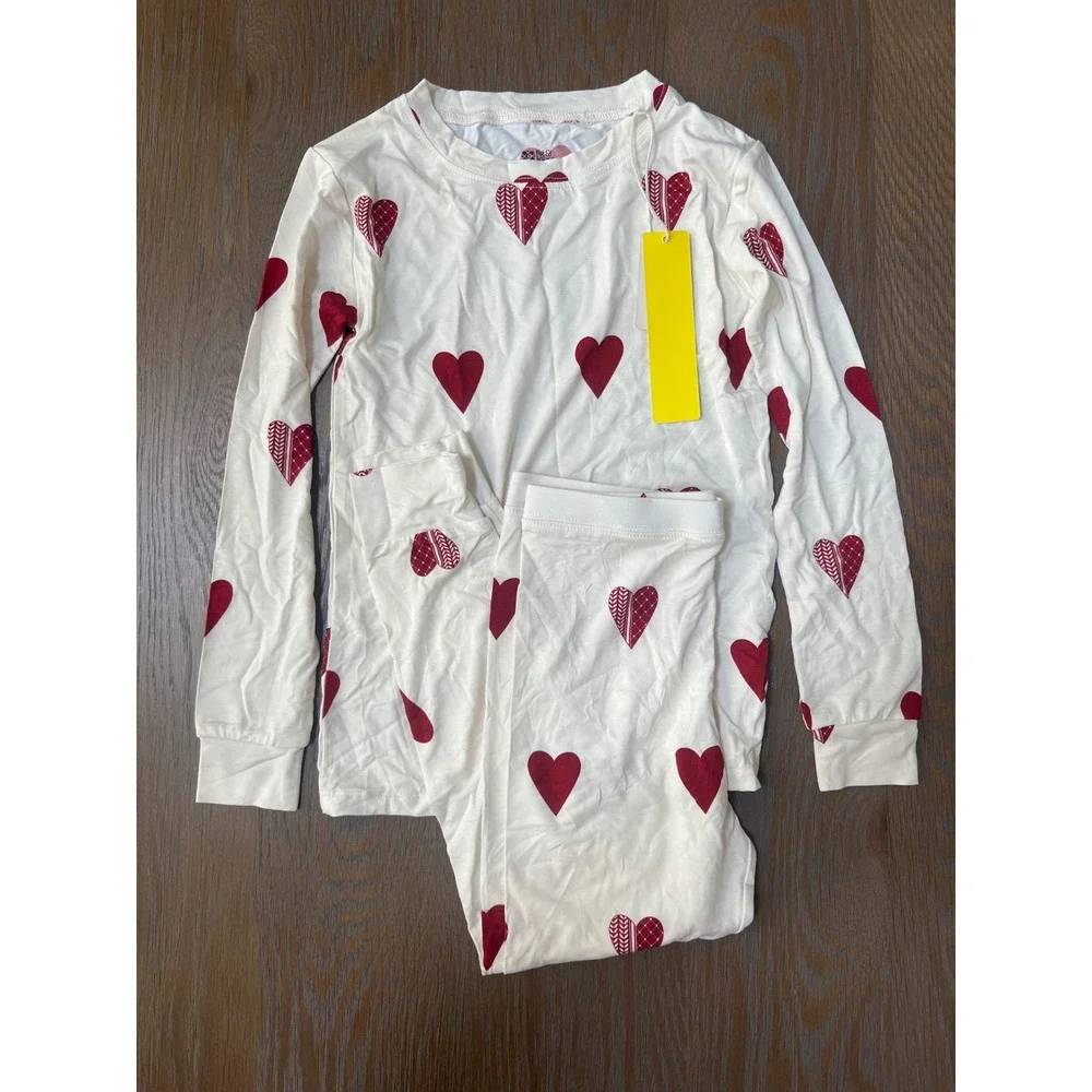 Fig & Loom Kids Heart Print Bamboo Pajama Set Cream Red 6T